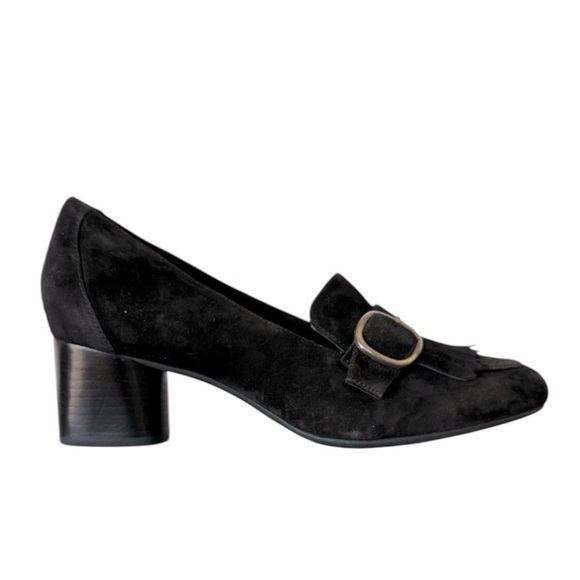 Clarks Women’s Un Cosmo Go Heeled Kiltie Loafer in Black Suede Leather Size 10 - Picture 1 of 9